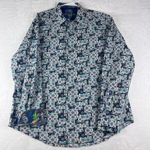 Robert Graham Men XL Long Sleeve Button Down Shirt Blue Geometric Cotton